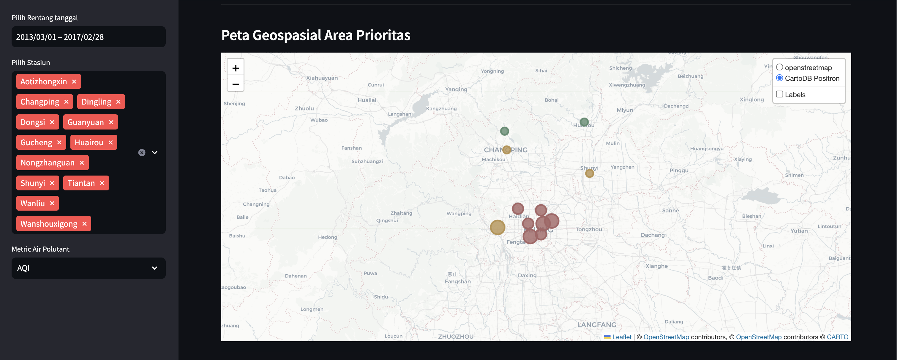 Geospatial Priority Map — interactive Folium map showing 12 Beijing stations with circle markers sized by PM2.5 and colored by pollution priority tier