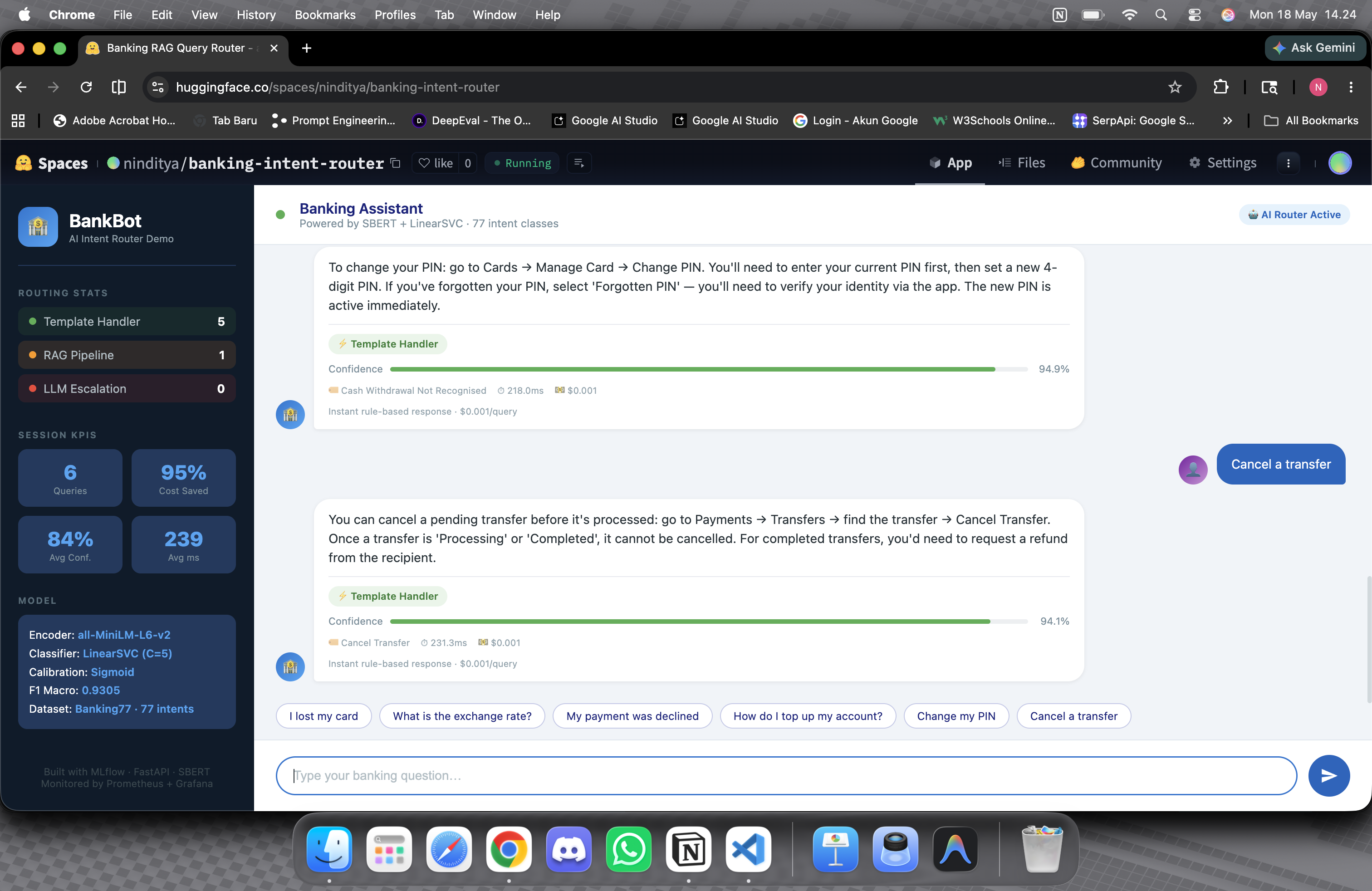 Hugging Face Spaces live demo — chat UI showing routing tier badge, confidence score, and latency per query