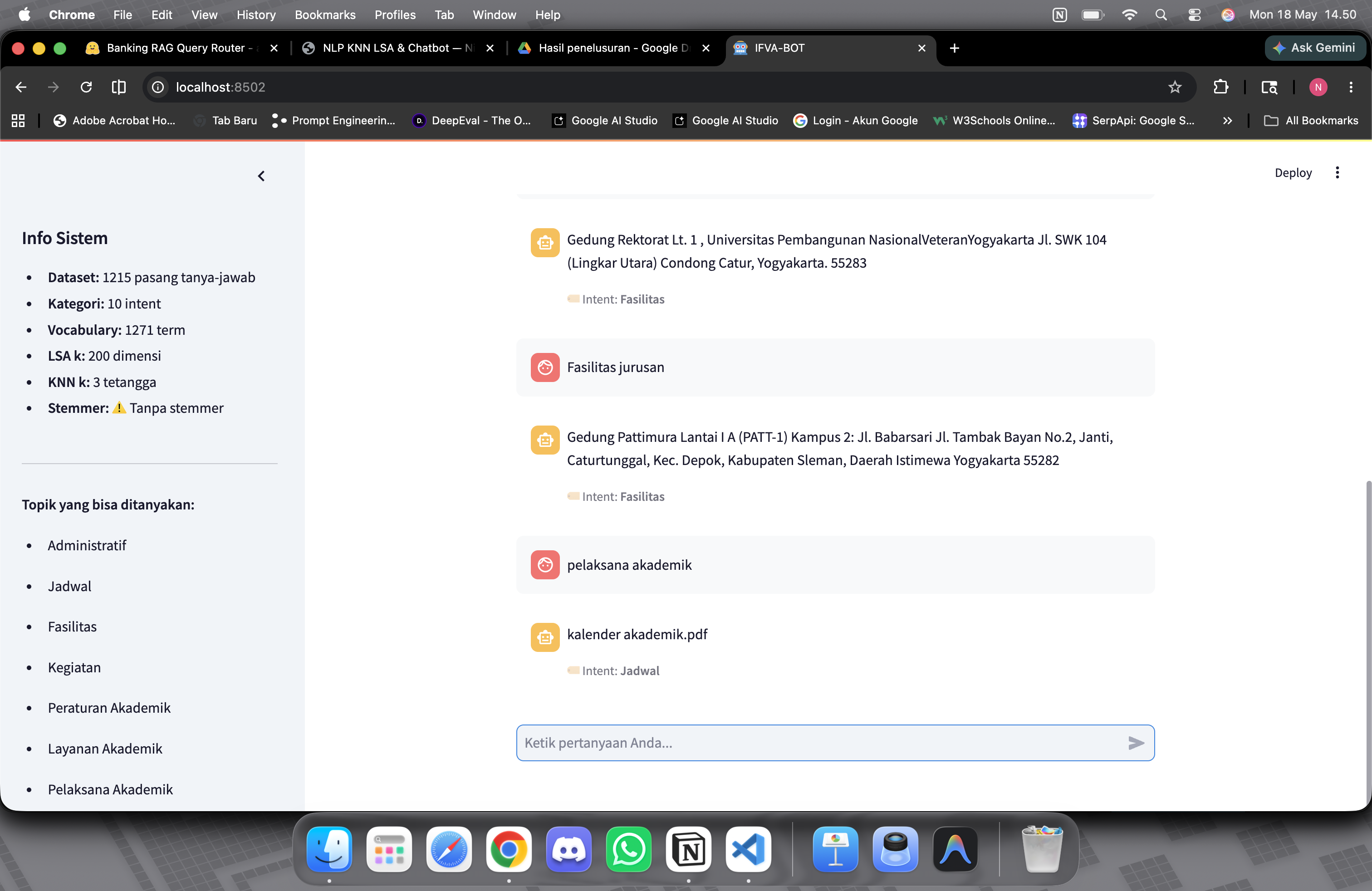 Web app chatbot — antarmuka tanya-jawab mahasiswa dengan tampilan step-by-step pipeline TF-IDF, SVD, dan KNN