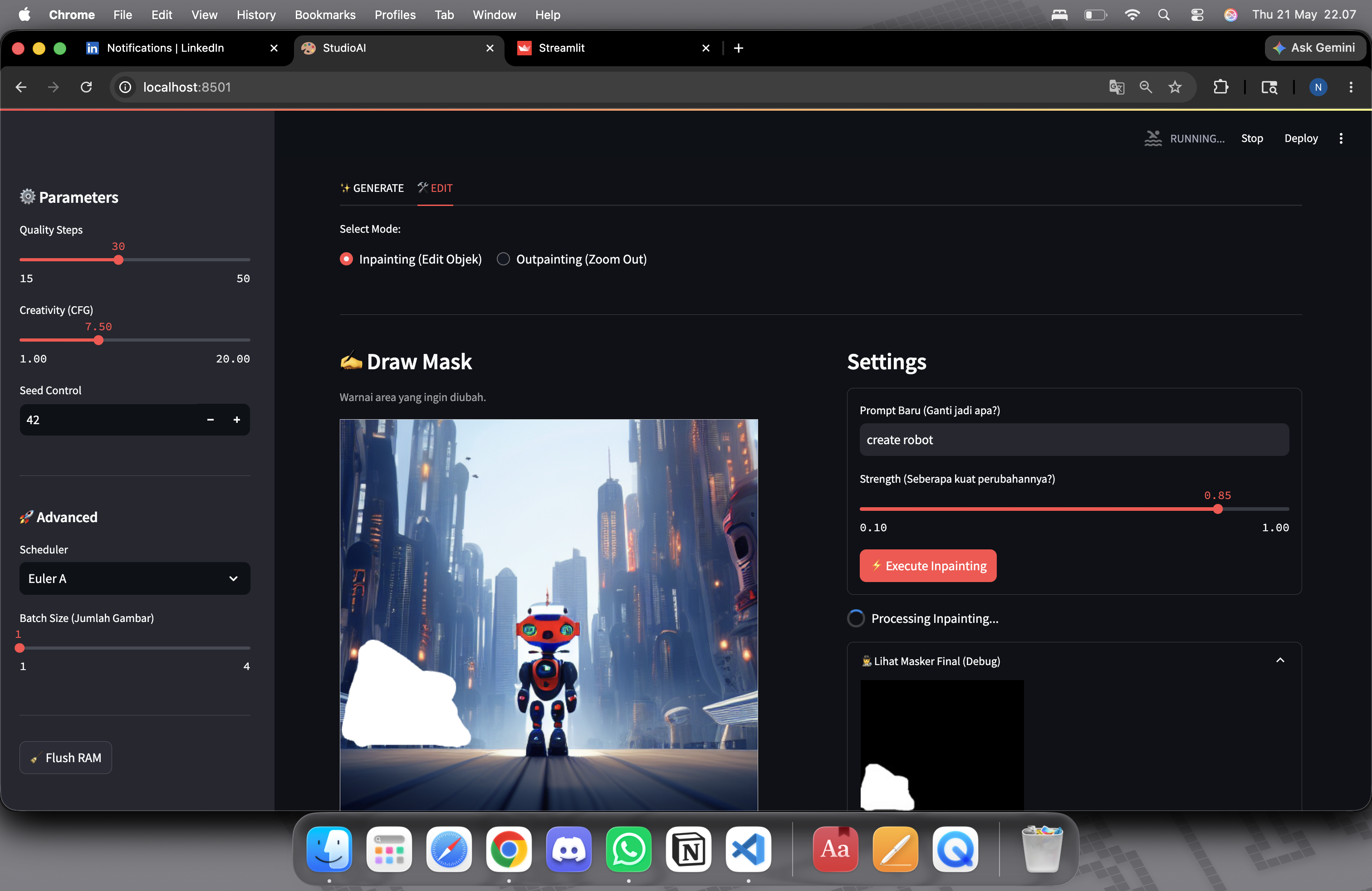 Inpainting tab — drawable canvas for mask selection