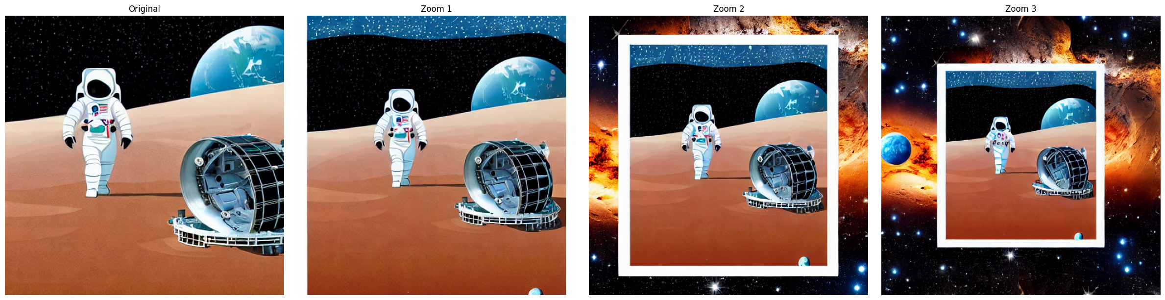 Zoom-out outpainting — 3 chained iterations