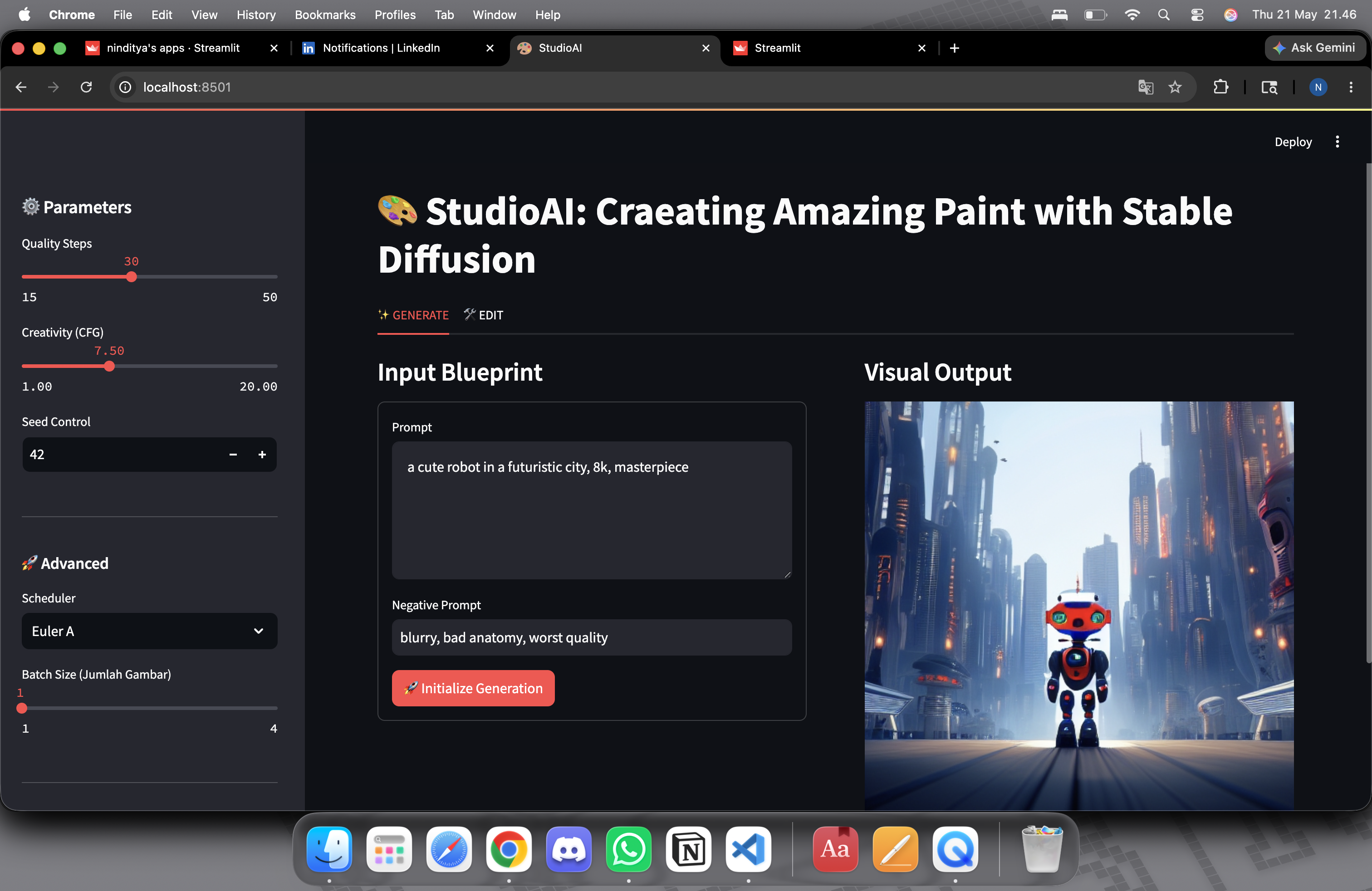 StudioAI running in Streamlit — Generate tab with sidebar controls and visual output