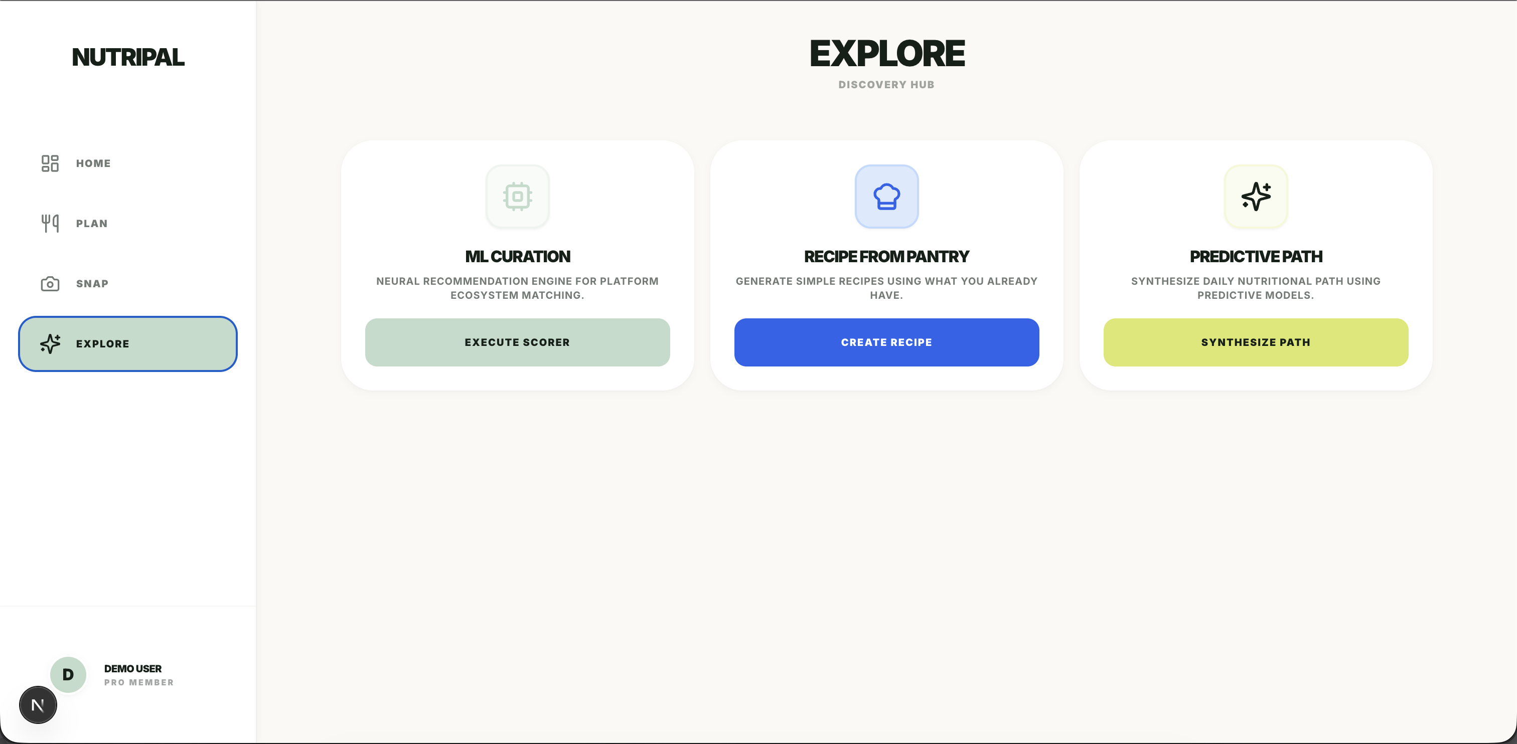NutriPal Explore Hub showing AI delivery curation and recipe suggestions