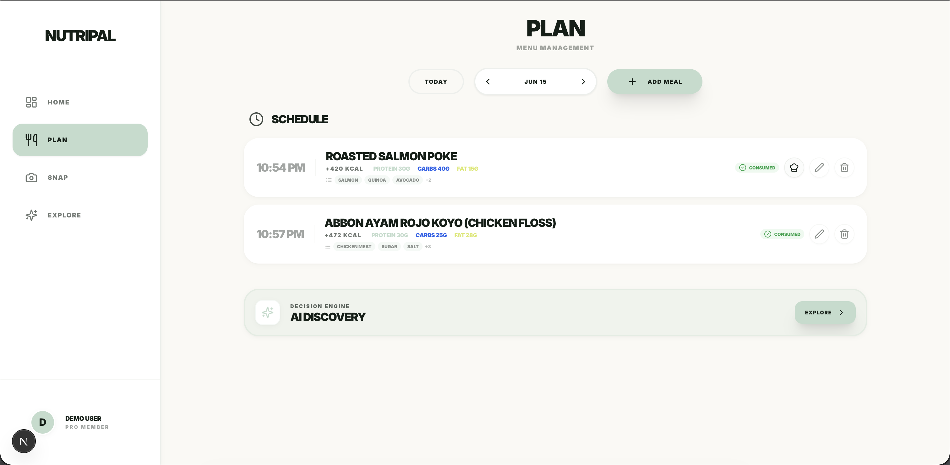 NutriPal meal planner with AI-generated daily plan