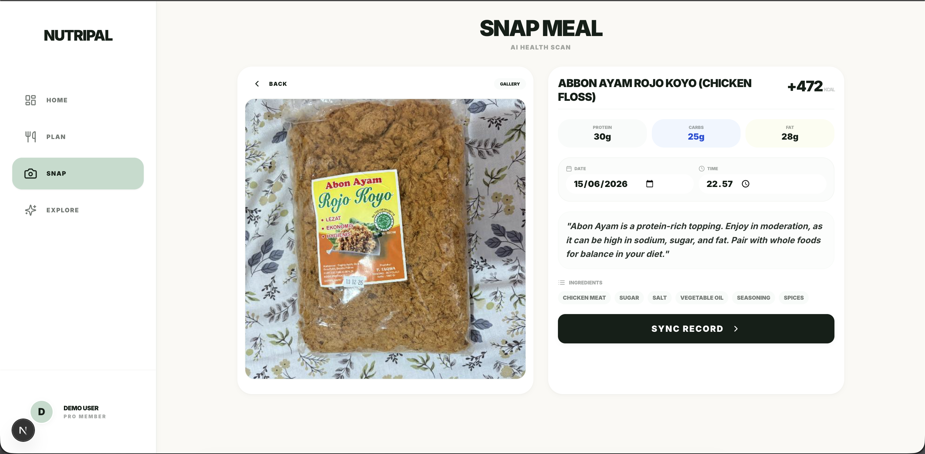 NutriPal Snap feature showing AI food photo analysis result