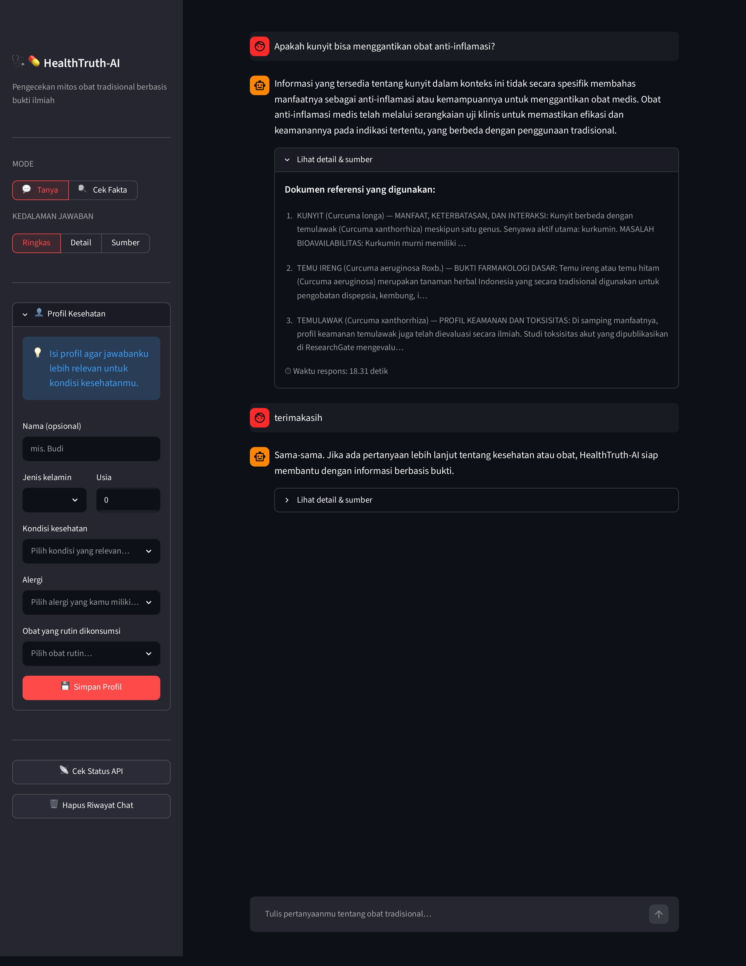 HealthTruth-AI Streamlit UI — dark mode, sidebar with health profile form and Tanya/Cek Fakta mode selector, main chat showing a kunyit anti-inflammation query with retrieved source documents