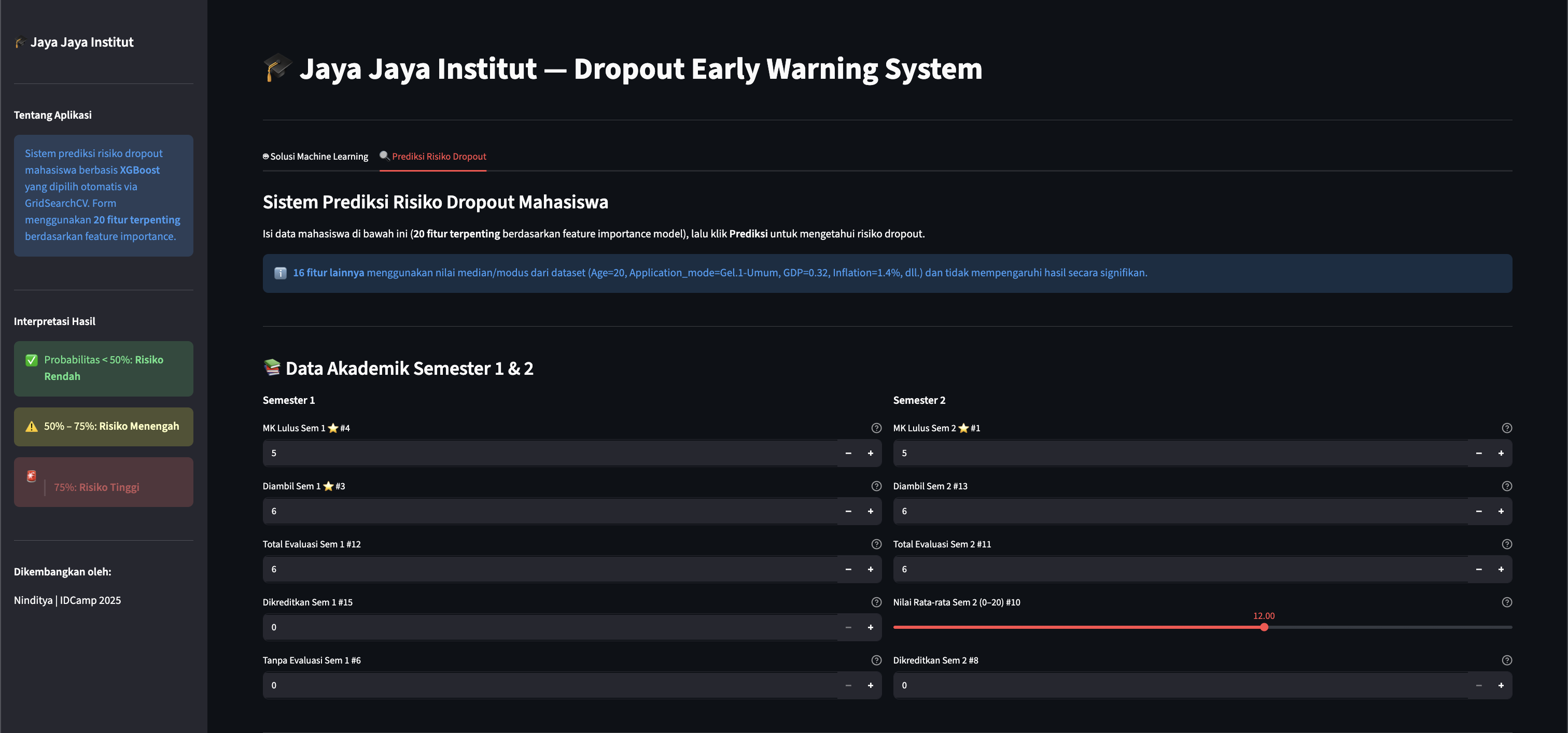 Streamlit prediction form — 20 input fields for academic units, tuition status, and demographics