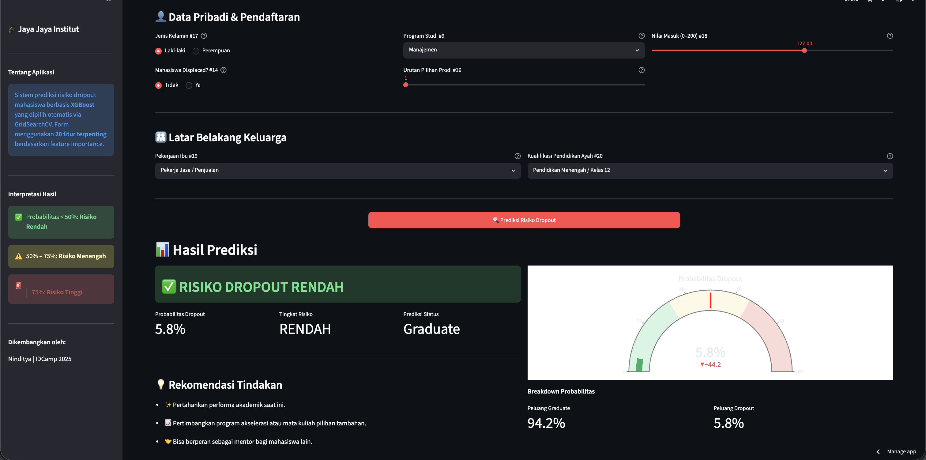 Streamlit prediction result — dropout probability score and targeted intervention recommendations